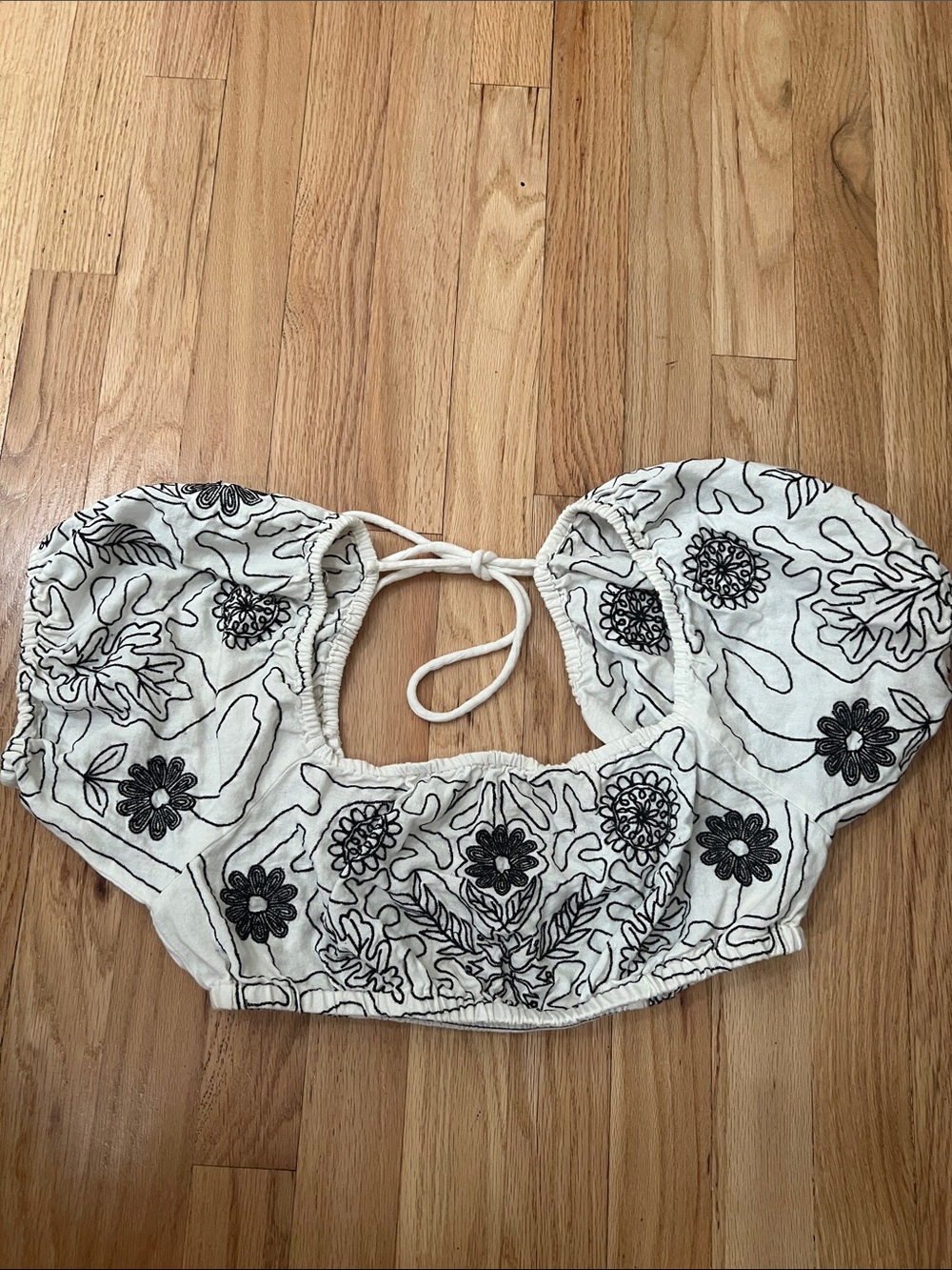 Free People White Crop Top with Black Floral Embroidery